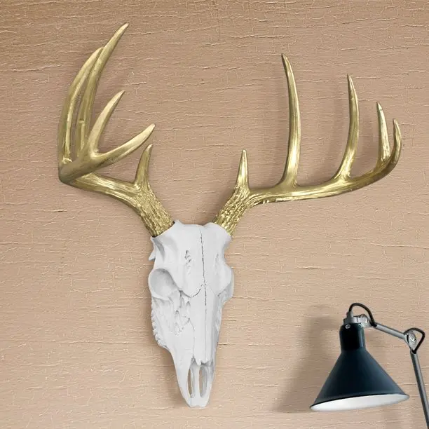 Large White Gold Antlers Mini Deer Skull Fake-Animal Resin Taxidermy Sculpture Stag Deer Antler Wall Home Decor Art Skulls