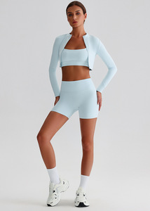 कस्टम दो टुकड़ा कसरत सेट लंबे आस्तीन शॉर्ट्स सक्रिय जिम कपड़ों की लुभावनी ट्रैकसूट स्लिम फिट स्पोर्ट्सवियर प्रशिक्षण संगठन - Product Image 2