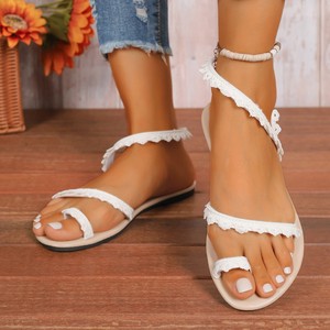 Ladies Summer Lace Trim Flat Sandals Toe Ring Style Elastic Ankle Strap Lightweight Beach Walking Shoes - Product Image 1
