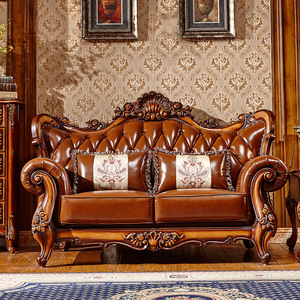 European-style Royal Leather <b>Sofa</b> Set Solid Wood <b>Frame</b> Carved Chaise Longue <b>Wooden</b> Living Room <b>Sofa</b> Couch <b>For</b> Home Hotel - Product Image 2
