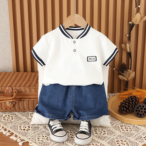 <span class=keywords><strong>2025</strong></span> Fabricante Crianças Roupas Colarinho Listrado Top Manga Curta Casual Jeans Meninos Conjuntos De Roupas Verão - Product Image 3
