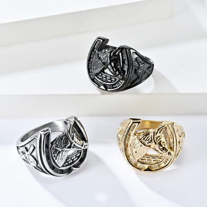 European American Style Horse Head Horseshoe <b>Titanium</b> Steel <b>Ring</b> Unisex Fashion Jewelry Gift Animal Design Black Gold Steel - Product Image 1