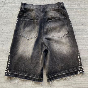 Custom logo Summer Diamonds Rhinestone Jeans Short Raw Hem Ripped Hole Fashion Shorts Vintage Washed Distressed Denim Shorts - Product Image 2