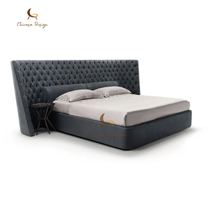 Italian Modern Luxury Solid Wood <b>Frame</b> Grery Genuine Leather King <b>Size</b> Double <b>Bed</b> - Product Image 1
