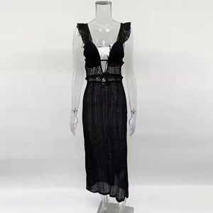 <span class=keywords><strong>Femme</strong></span> vacances tricoté plage robe femmes sans manches voir à travers taille haute longue couvrir robe col en V profond robes Sexy - Product Image 6