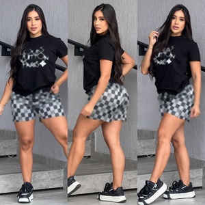 Ensemble décontracté d'été à manches courtes, haut à col élastique et short décontracté au-dessus du genou, couleur unie, stock transfrontalier - Product Image 3