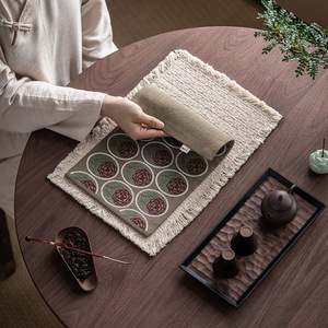Tapete de té bordado estilo chino Guanlan, tela gruesa con bordes con flecos, tapete retro para mesa de té, aislante del calor para sala de té. - Product Image 1