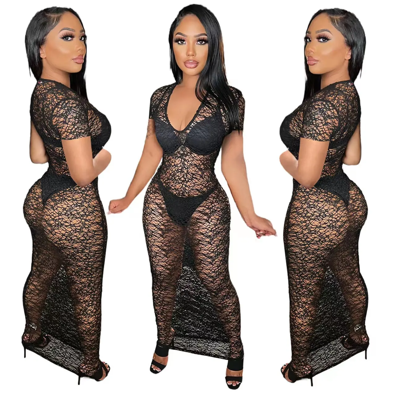 Summer See Through Side Split Sexy Dress Women Long Cover Up Knitted Maxi Dresses Black Sexy Beach Dress