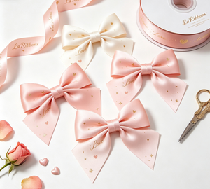 Ruban en satin rose avec imprimé cœurs dorés, ruban gros-grain en polyester pour emballage cadeau, décoration de bouquets, certifié OEKO‑TEX - Product Image 6