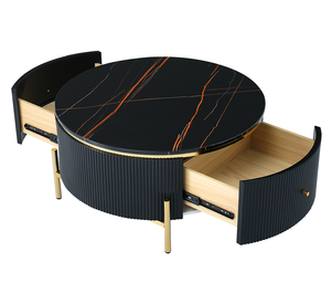 Modern Marble <b>Round</b> Coffee <b>Table</b> with 2 Large Drawers Storage Portable Accent <b>Table</b> for Living Room (31.5'') - Product Image 3