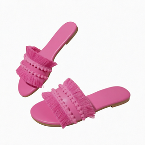 Sandales plates à franges roses pour femmes, sandales ouvertes pour la plage, chaussures d'été pour les vacances - Product Image 1