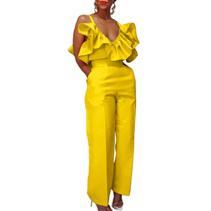 ชุดเซ็ต 2 ชิ้น เสื้อคอวีแต่งระบายแบบผูกคอ กางเกงเอวสูง แฟชั่นสำหรับผู้หญิงสไตล์แอฟริกัน - Product Image 2