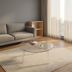 Table basse ronde moderne avec plateau en verre trempé et pieds en bois, design mi-siècle, meubles de salon, facile à nettoyer - Product Image 4