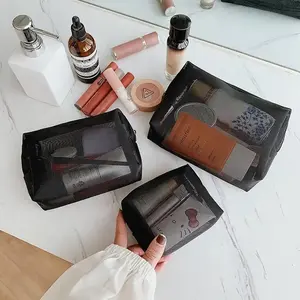 Borsa per il trucco in rete nera con cerniera vedo-attraverso custodia per cosmetici da viaggio e Organizer per articoli da toeletta