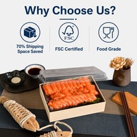 Boîte en bois pliable haut de gamme, gain de place, avec couvercle transparent, plateau à sushi et sashimi plat, conteneur alimentaire écologique pour la restauration
