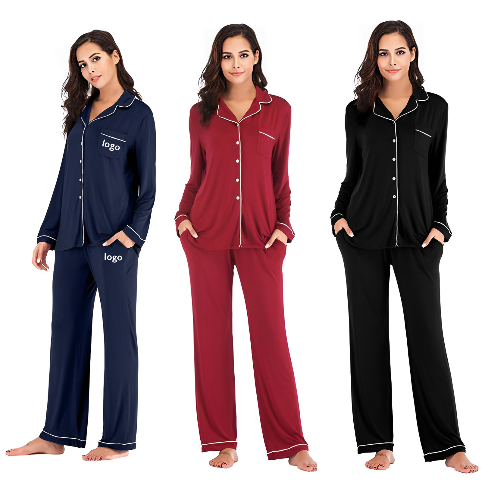 Pjs Set Piyama Wanita Musim Dingin Grosir Pakaian Tidur Katun Pakaian Tidur & Lounge Wanita Lengan Panjang Piyama Lembut Logo Kustom