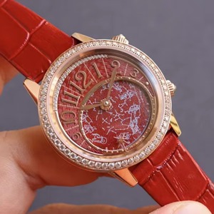 Montre mécanique de luxe pour femmes, classique, en or rose, avec boîtier en moissanite, cadran rouge étoilé, lumineux, étanche, de haute qualité, avec verre saphir - Product Image 1