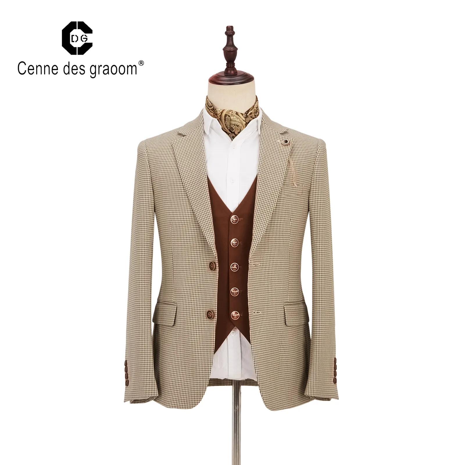 2020 New Design Plaid coat pure color vest Suits 100% Cotton Full Sleeve 2 Button 3 Piece Suits