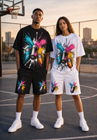 Ensemble streetwear deux pièces pour homme personnalisé, respirant, tricoté, imprimé animalier, avec t-shirt à motif 'Explosion de bombe aérosol' 220g et short à cordon de serrage