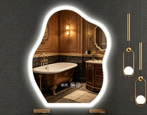 Smart <b>Mirror</b> With <b>LED</b> Lighting Irregular Shape Wall Mounted Touch Control Wooden Frame Minimalist Design Bathroom Use - Product Image 3