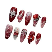 Faux ongles à presser en gros, faits main, en acrylique, forme courte, motif feu d'artifice rouge avec accents château