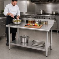 Table de travail en acier inoxydable à double couche de qualité professionnelle 304, avec pieds ronds robustes, pour la restauration et la cuisine, directement de l'usine