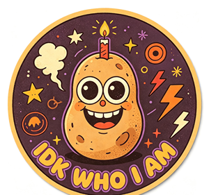 Pin Metálico Circular con Diseño de Patata de Dibujos Animados y Vela, Tema de Fiesta de Cumpleaños 'IDK Who I Am', Impresión Digital - Product Image 1