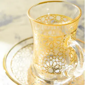 Tùy chỉnh cốc sang trọng eo mỏng tráng Vàng Thổ Nhĩ Kỳ tách trà đặt Espresso cawa cốc cà phê ly thủy tinh