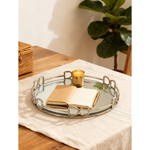<b>Silver</b> Round <b>Mirror</b> Tray 16.1x2 Decorative Serving Tray Style Handle Design - Product Image 4