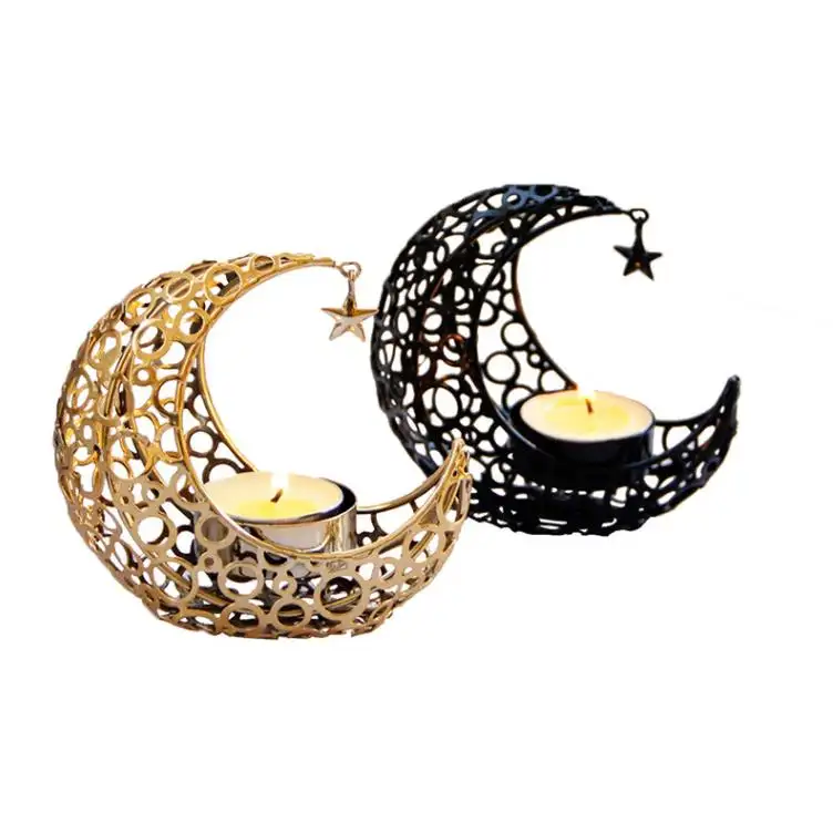 Wholesale Luxury Moon Star Candle Holder Black Golden Candle Holder Metal Candlestick Holder For Ramadan Gifts Home Decorations