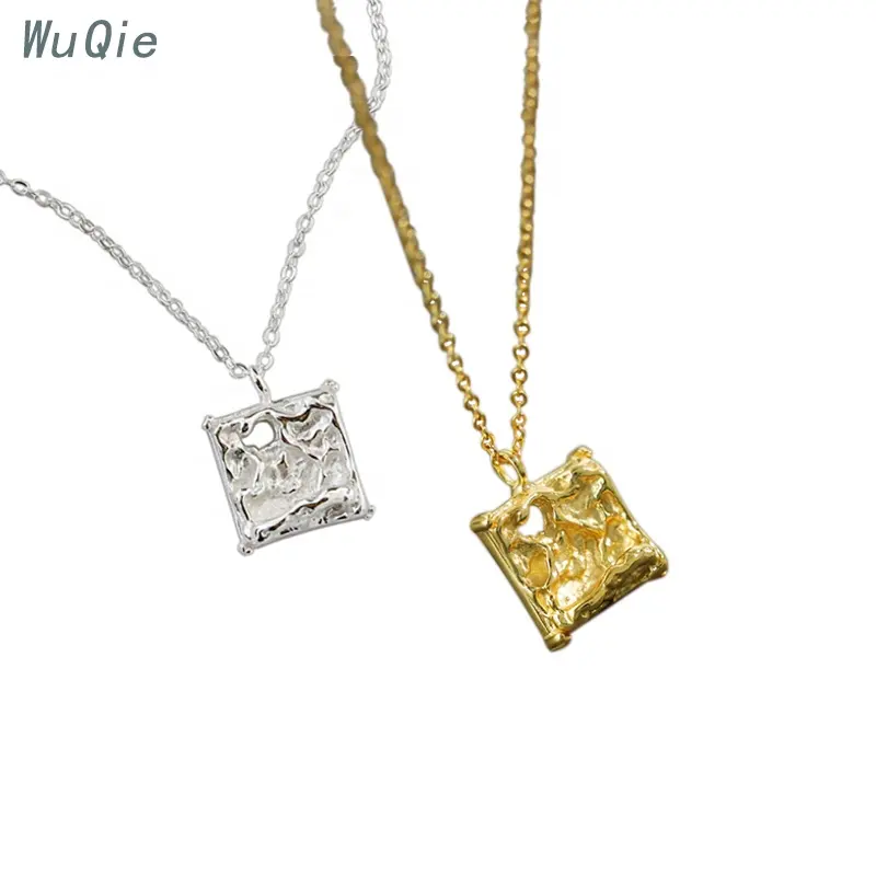 Wuqie Grosir S925 Berlapis Perak Emas Disesuaikan Jaringan Pesona Square Liontin Kalung untuk Wanita Halus Bijoux