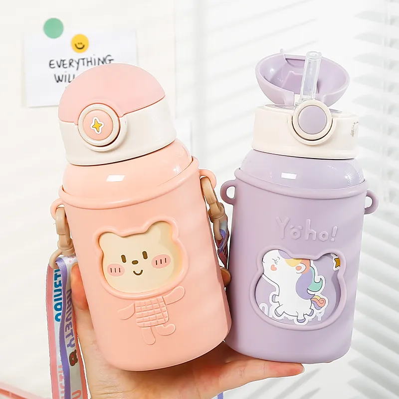 Garrafa de água para crianças com logotipo personalizado, garrafa de água com alça de silicone para presentes de negócios, ecológica e sem BPA