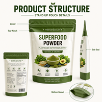 Sachet refermable personnalisé imprimé, résistant à l'humidité, en aluminium laminé de qualité alimentaire, emballage souple pour poudre de superaliments