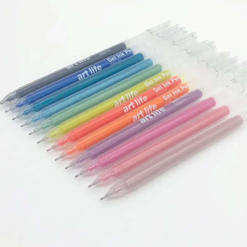 Maxwri Good Quality Plastic Gel Ink Pen 0.6mm Large Capacity 12 Colors Fine Point Glitter Gel Pen For School Office Stationery