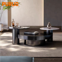 Table Basse Ronde en Verre et Marbre, Design Italien de Luxe, Base Métallique Ondulée Noire et Dorée, Forme Irrégulière, Ensemble de Tables d'Appoint – Offre Spéciale
