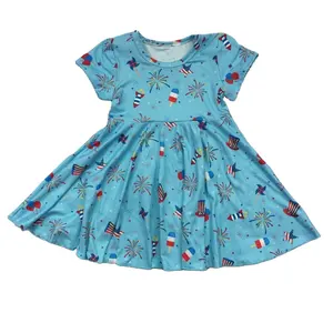LZ 2022 оптовая продажа детей полный вертеть платье с короткими рукавами; Платье для маленьких девочек; Расцветка синий июля 4th праздновать принт летнее платье