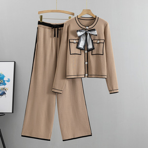 Conjunto de Punto Clásico de 2 Piezas <span class=keywords><strong>para</strong></span> Mujer Joven a la Moda, Estilo Europeo, Otoño Invierno, Cárdigan, Pantalones de Pierna Ancha de Cintura Alta, Atuendo Elegante - Product Image 1