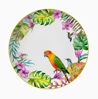 Service de table en porcelaine fine à imprimé floral tropical, assiettes rondes à bord doré pour la maison, les mariages, les fêtes et les dîners élégants