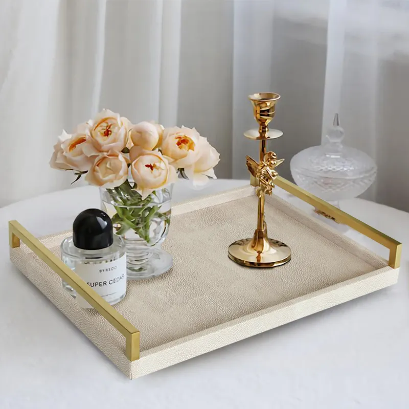 Rectangle Pink Shagreen Leather Home Storage Tray with Large Long Gold Metal Handles
