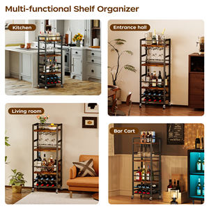 عربة بار مع رف خماسي الطبقات، رف مطبخ متحرك مع حامل زجاجات وحامل كؤوس، عربة بار صغيرة للمساحات الضيقة، بني ريفي - Product Image 3