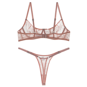 Conjunto de lencería <span class=keywords><strong>transparente</strong></span> con encaje rosa, <span class=keywords><strong>sujetador</strong></span> con aros y bragas, tanga de encaje floral <span class=keywords><strong>transparente</strong></span>, ropa interior sexy, transpirable y ultrafina. - Product Image 6