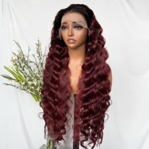 Pelucas sintéticas Kemy Hair Burg Highlight con frontal de encaje, ondas profundas, rizos largos tipo huevo, ondas sueltas, fibra sintética resistente al calor para mujer - Product Image 4