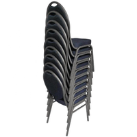 Chaise de banquet empilable en acier, dossier rond ovale, structure métallique foncée, assise rembourrée en tissu noir à pois, mobilier pour hôtels et salles.
