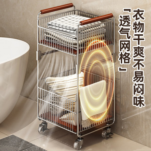 Storage Cart Double Layer Metal Laundry Basket With Wheels For Bathroom Clothes Organizer 20-35L Capacity Standing Type - Product Image 2