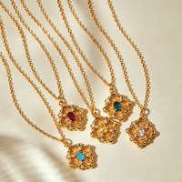 Collier pendentif fleur en filigrane plaqué or véritable 18 carats, zircon ovale multicolore, motif bambou, pour femme, bijou vintage, cadeau