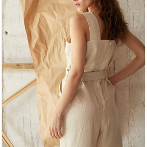 2022 tute da donna personalizzate in un pezzo Casual elegante tuta Beige abbigliamento in lino tuta da donna con gamba larga tuta - Product Image 3