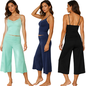 Ensemble 2 pièces pour femmes, haut en dentelle et pantalon large à taille haute, ensemble décontracté d'été, tenue douce et extensible - Product Image 1