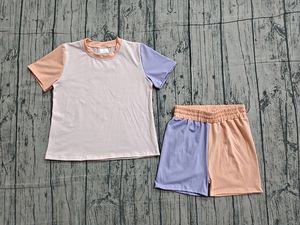 GSSO3504 Tenues d'été personnalisées pour petite fille, imprimé patchwork rose et violet, vêtements pour enfants en gros, ensemble de vêtements pour fille à manches courtes - Product Image 3