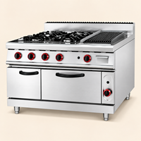 Cuisinière à gaz commerciale 4 brûleurs avec gril à pierres de lave et four, équipement de cuisine professionnel en acier inoxydable