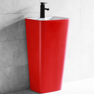 Red Pedestal Ceramic Bathroom Sink Rectangular Floor Standing <b>Single</b> Hole Glossy Finish - Product Image 1